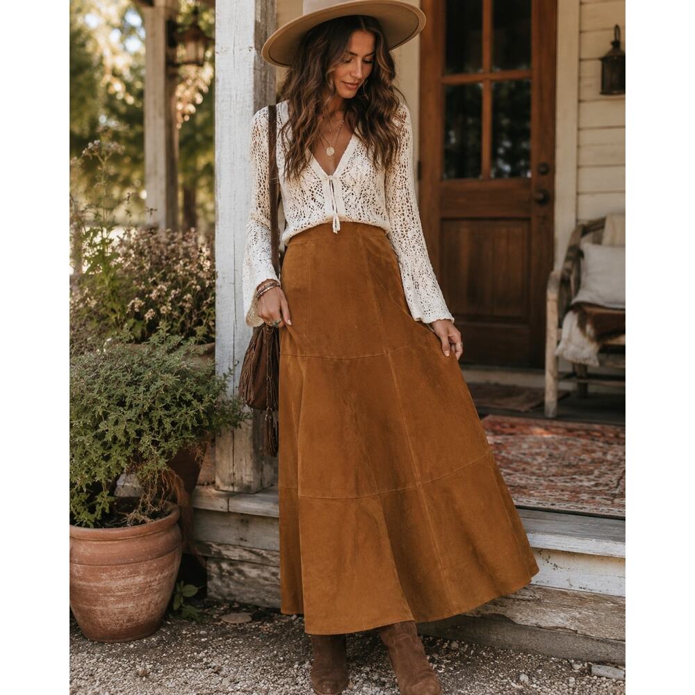 NWT Steve Madden Violetta Skirt Sz Sm Brown Faux Suede Maxi A-Line Boho Western - Picture 2 of 13